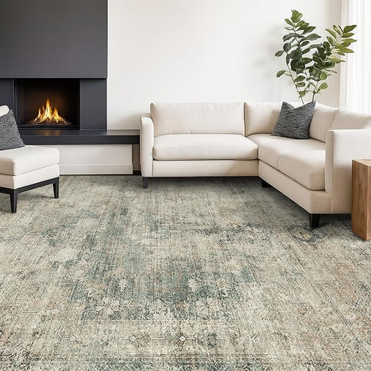 Washable Moss Green 9x12 Rug for Living Room -Modern Large Rug for Bedroom, Dining Room Under Table, Non Slip &Soft Low Pile Farmhouse Carpet