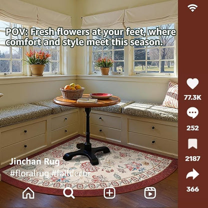 jinchan Elora Floral Corner Rug for Living Room Washable Bedroom Rug Vintage Romance Design Non Slip Quarter Circle Lightweight Low-Pile Throw Carpet for Reading Nook Playroom,7ft Radius, Red/Beige