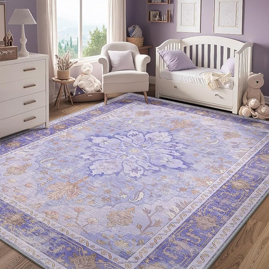 Area Rugs 5'x7' Washable Non-Slip, Floral Vintage Distress Print Pattern Medallion Carpet for Living Room Bedroom Dining Room, Light Purple Brown
