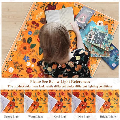 U'Artlines 5x7ft Fall Floral Area Rug, Machine Washable Ultra Soft Low Pile Non Slip Non Shedding Accent Floor Carpet for Living Room, Bedroom, Dining Room, Office (Orange)