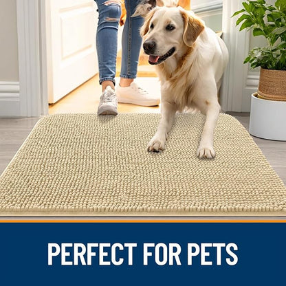 OLANLY Dog Door Mat for Muddy Paws 44x24, Absorbs Moisture and Dirt, Absorbent Non-Slip Washable Doormat, Quick Dry Chenille Mud Mat for Dogs, Entry Indoor Entryway Carpet for Inside Floor, Sand