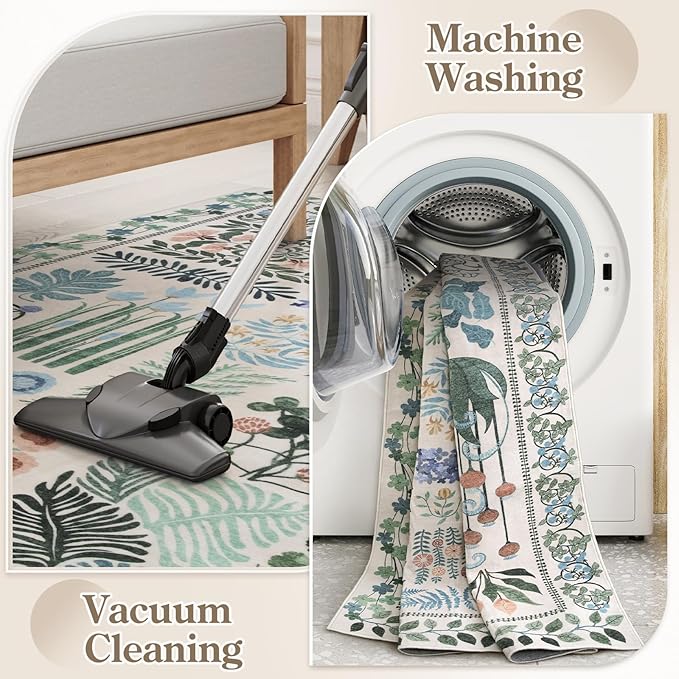 Floral Boho Beige Washable 3x5 Bathroom Entrance Rugs Indoor, Non Slip Flower Botanical Area Rugs for Kitchen Floor Soft Throw Carpet for Laundry Living Room Entrance (Beige,3 x 5)