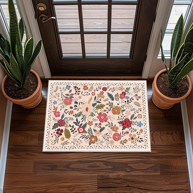 2x3 Area Rugs for Entryway, Non-Slip Low Pile Boho Small Carpet, Machine Washable Floral Throw Rug for Entrance, Bedroom, Kitchen, Laundry, Bathroom (2x3 Beige Red)