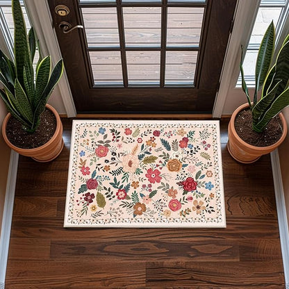2x3 Area Rugs for Entryway, Non-Slip Low Pile Boho Small Carpet, Machine Washable Floral Throw Rug for Entrance, Bedroom, Kitchen, Laundry, Bathroom (2x3 Beige Red)