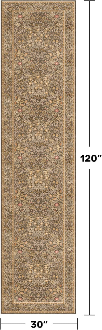Brown 2'6" x 10' Hallway Runner Rug Non Slip - Stain Resistant Washable Kitcehn Rug, 10ft Extra Long Entryway Indoor Mats, Soft Boho Vintage Gold Brown Floral Indoor Décor