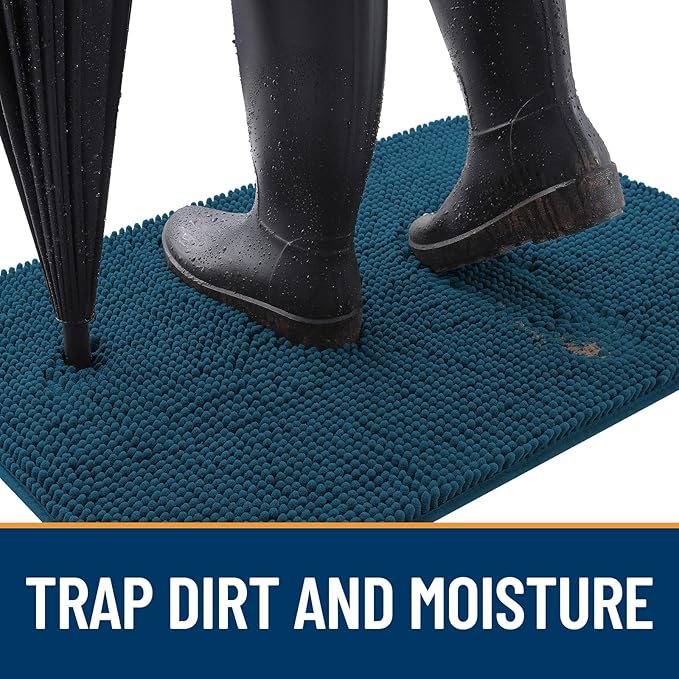 OLANLY Dog Door Mat for Muddy Paws 59x35, Absorbs Moisture and Dirt, Absorbent Non-Slip Washable Doormat, Quick Dry Chenille Mud Mat, Entry Indoor Entryway Carpet for Inside Floor, Atlantic Blue