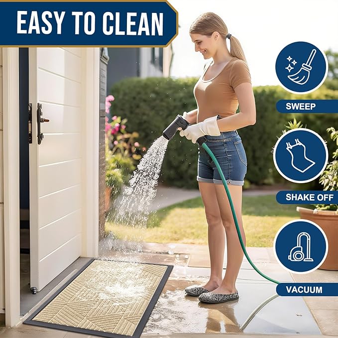 Kitinjoy Front Door Mat Outside Entrance, Sturdy Natural Dirt Trapper, Heavy Duty Rubber Doormat, Low Profile Non-Slip Backing, Easy Clean Floor Mat for Indoor Outdoor Entry, 35X23 Inch, Beige
