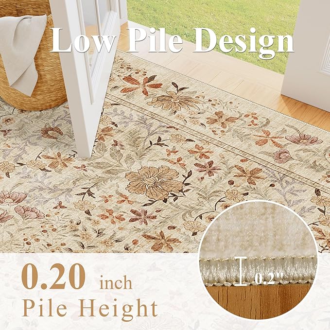 DUKINO 2x4 Rug for Entryway, Lightweight Washable Runner Rug with Non Slip Backing, Vintage Floral Low Pile Small Carpet Runner for Kitchen, Hallway, Entryway, Bathroom, Bedroom, Beige