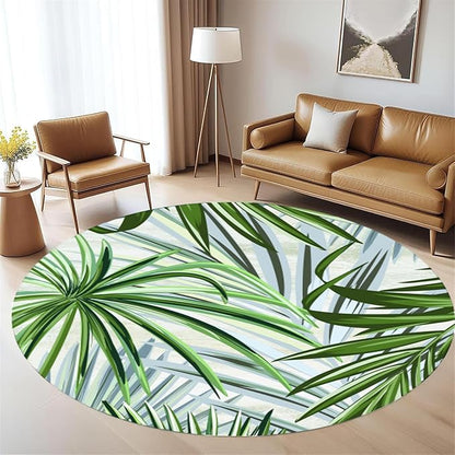 Round Rug 3.3ft - Pink Tropical Floral with Watercolor Leaves, Non-Slip Low Pile Circle Rug, Bohemian Jungle Turtleback Design for Dining Room Table, Living Room, Bedroom