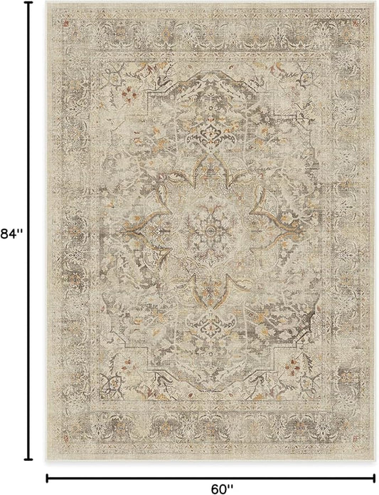 RUGGABLE Washable Vintage Area Rug – Sarrah Hazel 5x7, Stain-Resistant, Non-Slip – Medium Machine Washable Rugs for Living Room, Bedroom, Hallway, Entryway & Office–with Standard Pad