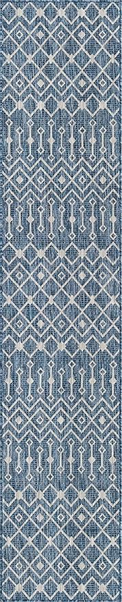Unique Loom Outdoor Trellis Collection Area Rug - Tribal Trellis (2' x 10' Runner, Blue/ Ivory)