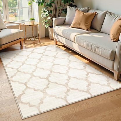 Lahome Moroccan 3x5 Washable Rug, Small Rugs for Bedroom Aesthetic Entry Way Rugs Indoor Non-Slip Low-Plie Throw Office Rug Ivory Distressed Capet for Kitchen Bathroom Laundry Kids Room