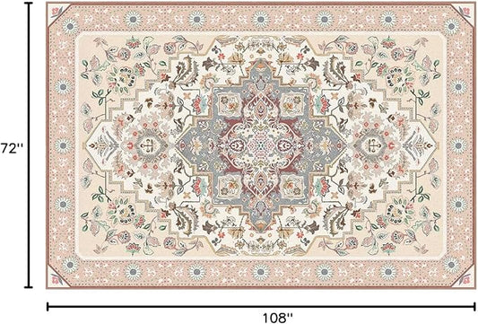 Phantoscope Washable Area Rug 6'x9' Non-Slip, Vintage Boho Rugs for Living Room, Bedroom, Dining Room, Persian Floral Medallion Pattern, Low-Pile Foldable Floor Carpet, Ivory Rose/Fall Bloom