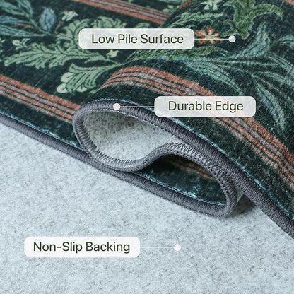 Bavni Boho Floral Kitchen Runner Rug 2x6, Washable Non Slip Thin Carpet for Hallway Bathroom Laundry Room, Ultra Soft Botanical Runner for Entryway, Modern Indoor Floor Decor, Dark Green