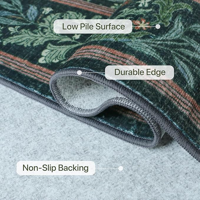 Bavni Floral Dark Green Area Rugs 8x10, Vintage Boho Carpet Machine Washable, Non Slip Soft Low Pile Thin Rug for Bedroom, Living Room, Dining Room, Nursery