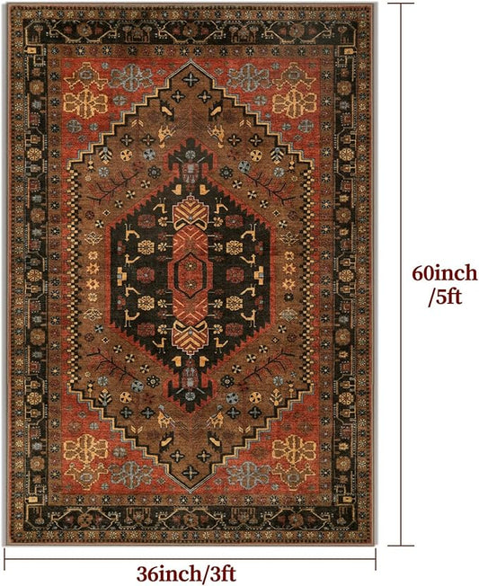 Ciicool 3x5 Area Rug, Washable Red Boho Rugs for Bedroom Non-Slip Indoor Rugs Large Low-Pile Mat Floor Carpet Vintage Rug for Kitchen Living Room Office Dinning Foyer Decor