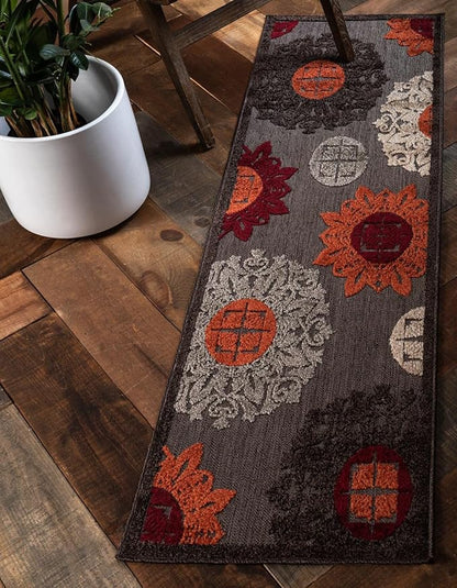 Unique Loom Outdoor Modern Collection Area Rug - Chicago (2' x 8' Runner Brown/Orange)