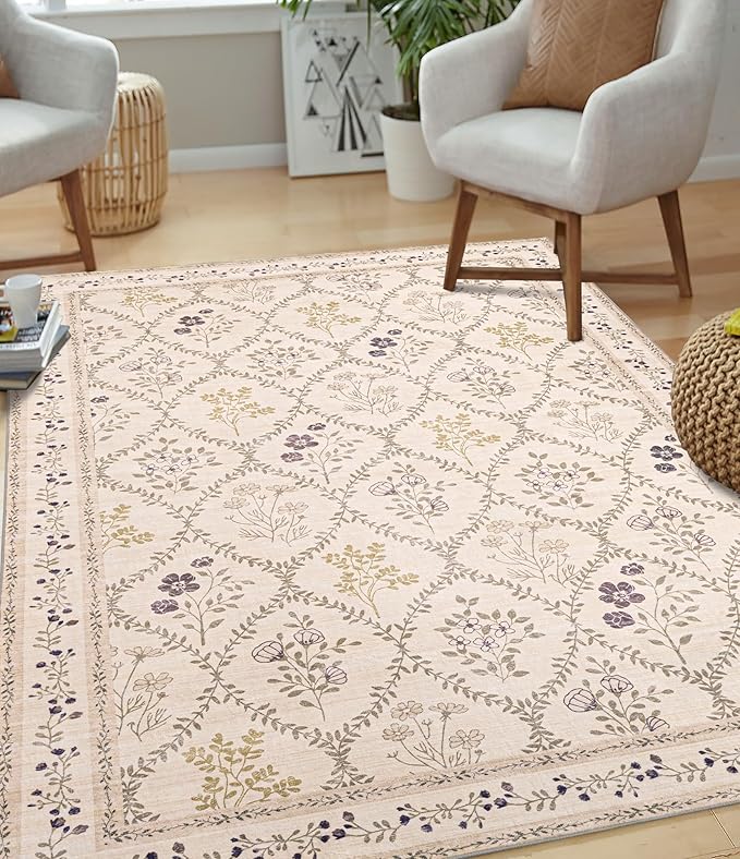 YIHOUSE 6x9 Washable Rug for Bedroom, Beige Floral Rugs for Living Room Non Slip Ultra-Thin Large Boho Rug for Kids Playroom, Classroom, Girls Dorm, Nursery, Beige Multi