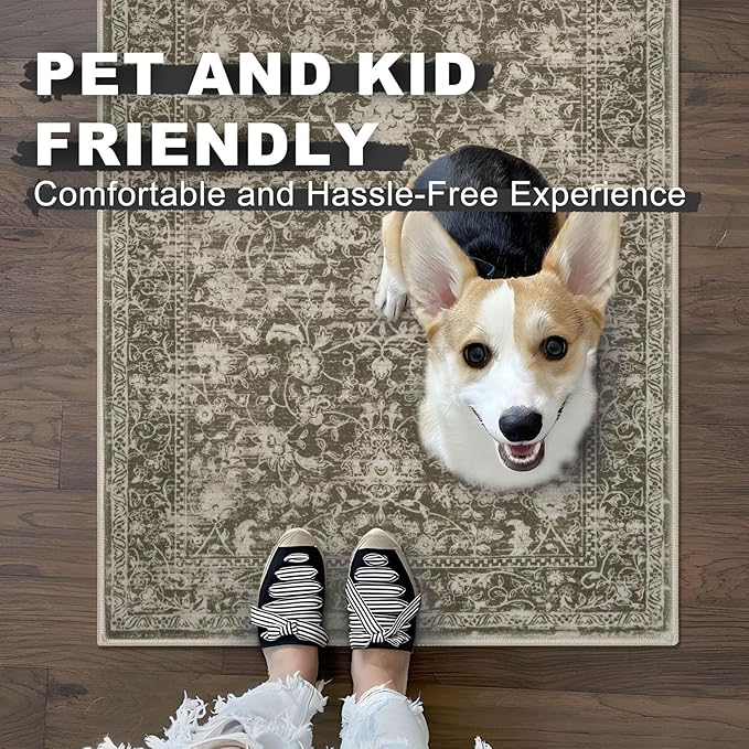 KILOCOCO Area Rug 3x5 Entryway Rug Washable Printed Vintage Floral Rubber Backed Non Slip Indoor Kitchen Rugs for Living Room Laundry Room Playroom Mudroom Moroccan Area Rugs, Taupe/Green