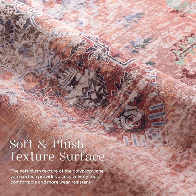 Phantoscope Washable Area Rug 5'x7' Non-Slip, Vintage Neutral Fall Rugs for Living Room, Bedroom, Dining Room, Distressed Boho Medallion Pattern, Low-Pile Foldable Floor Carpet, Rust Orange