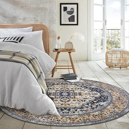 KOZYFLY Round Rug, 6 Ft, Washable, Non Slip, Living Room, Dining Room, Gold Navy