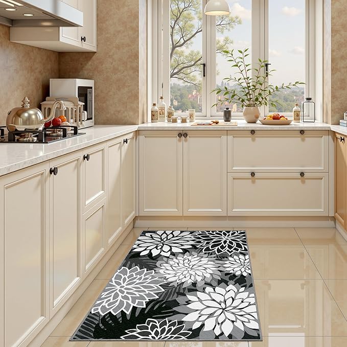 2x3 Washable Small Rug Tropical Botanical Modern Floral Indoor Chenille Door Mat Carpet Non Slip for Patio, Entry Way, Entrance, Porch, Black