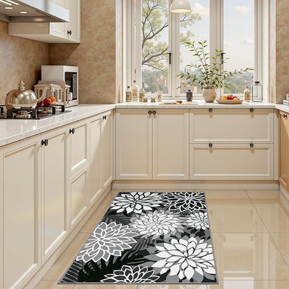 2x3 Washable Small Rug Tropical Botanical Modern Floral Indoor Chenille Door Mat Carpet Non Slip for Patio, Entry Way, Entrance, Porch, Black