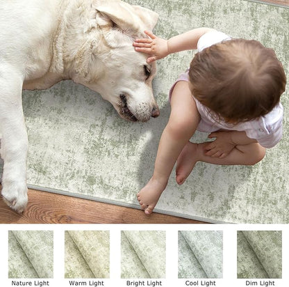 Modern Abstract Entryway Rug Indoor 2x3 Washable Non-Slip Soft Sage Green Grey Small Area Rug Kitchen Mat Thin Print Faux Wool Floor Carpet for Entrance Bedroom Office
