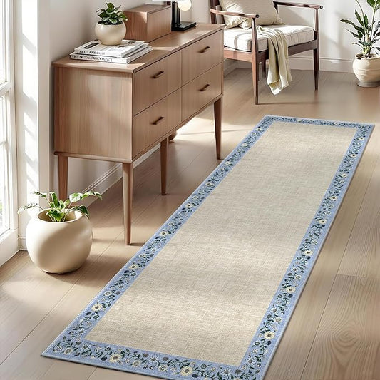 GarveeHome Entryway Rug 2x6 Modern Bordered Runner Rug Washable Kitchen Runners for Hallway Non-Slip Low-Pile Soft Carpet Floral Print Bathroom Mat for Bedroom Laundry Room, Beige