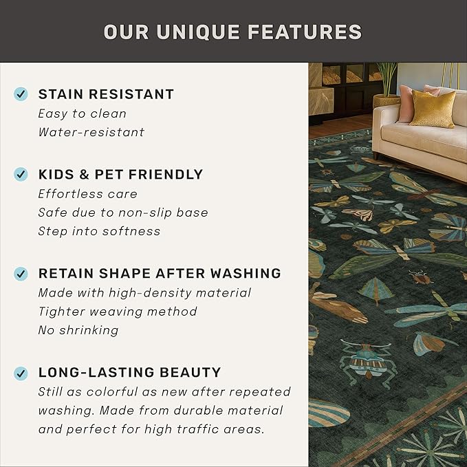 2x3 Entry Way Rugs Indoor - Dark Green Small Throw Rug for Kitchen, Bathroom, Insect Boho Design, Washable Non Slip Stain Resistant