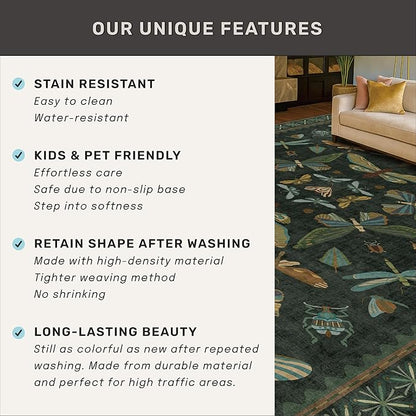 2x3 Entry Way Rugs Indoor - Dark Green Small Throw Rug for Kitchen, Bathroom, Insect Boho Design, Washable Non Slip Stain Resistant