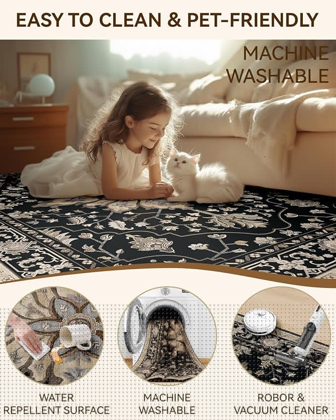 Area Rugs 5ft Washable Non-Slip, Floral Vintage Distress Print Pattern Medallion Carpet for Living Room Bedroom Dining Room, Black Brown Neutral Dark Tan