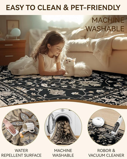 Area Rugs 2'x8' Washable Non-Slip, Floral Vintage Distress Print Pattern Medallion Carpet for Living Room Bedroom Dining Room, Black Brown Neutral Dark Tan