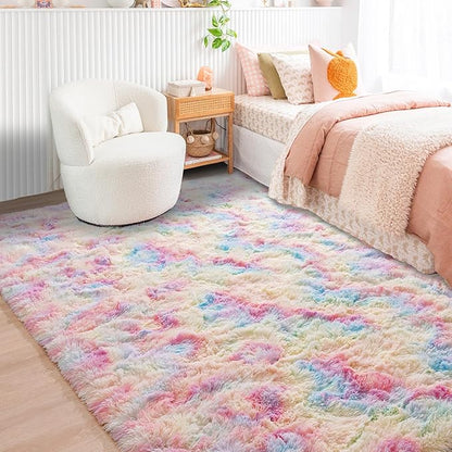 Beglad Fluffy Area Rugs 4x6 Feet, Modern Minimalist Style Shag Rugs, Non-Slip Indoor Carpet Soft Rugs for Bedroom, Living Room & Kids Room, Rainbow