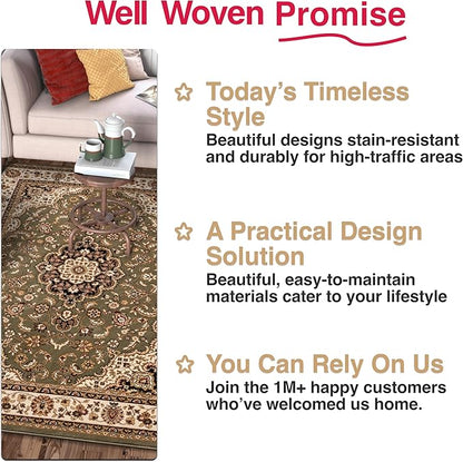 Well Woven Barclay Collection Medallion Kashan Green 2x7 Runner Rug - for Hallways, Kitchens, and Entryways