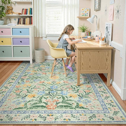 Wonnitar Boho Washable Rugs 8x10, Large Floral Rugs for Bedroom, 8 x 10 Soft Green Living Room Carpet, Non Slip Ultra-Thin Carpet for Kids Playroom Dorm Dining Room