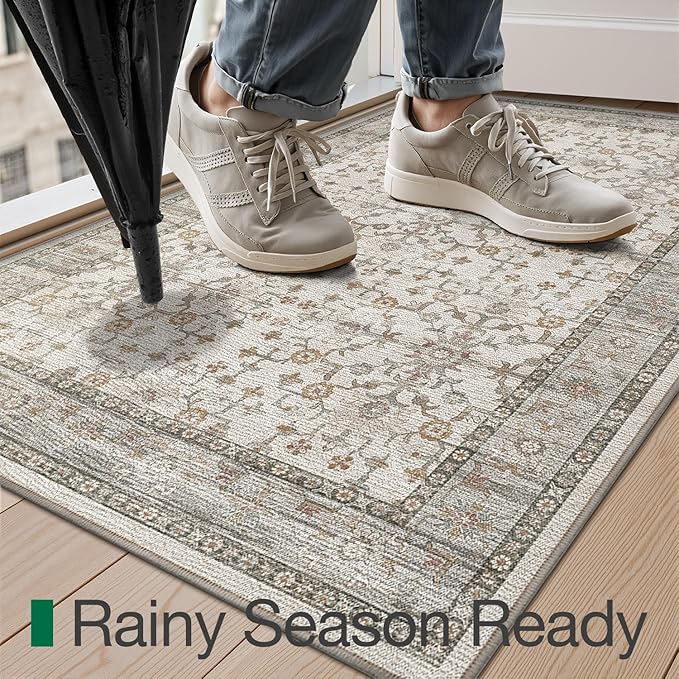 LUMI Indoor Thin Door Mat, 24x36 Washable Small Inside Doormat, Non Slip Low Pile Oriental Floor Carpet, Vintage Distressed Area Rug for Front Door,Entrance,Bedroom, Celadon