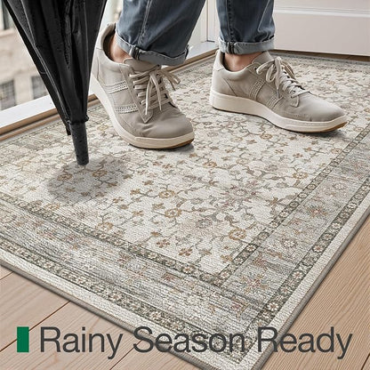 LUMI Indoor Thin Door Mat, 24x36 Washable Small Inside Doormat, Non Slip Low Pile Oriental Floor Carpet, Vintage Distressed Area Rug for Front Door,Entrance,Bedroom, Celadon