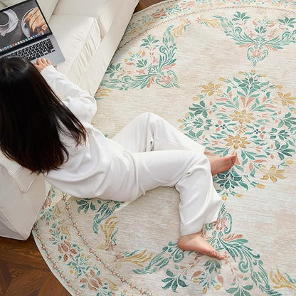 jinchan Round Rug 8ft Area Rug Vintage Floral Distressed Design Machine Washable Soft Non-Slip Low-Pile Ultra-Thin Circle Rug for Living Room Dining Room Bedroom Home Office (8' Round, Apricot Multi)