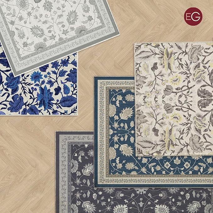 EVERGRACE Area Rugs for Entryway 2x3, Boho Floral Faux Wool Indoor Outdoor Small Rugs, Washable Rugs for Bedroom Bathroom Laundry Doormat, Low Pile Floor Mat Carpet for Home Decor, Cool Gray