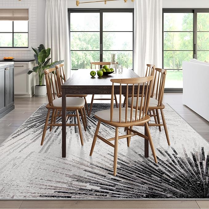 Lahome Modern Black 9x12 Rug for Living Room, Large Washable Area Rug Non-Slip Ultra-Thin Stain Resistant Rugs for Dining Room Table, Abstract Print Indoor Soft Rug for Bedroom Office (Black, 9'x12')