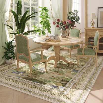 Rugcomf Area Rugs 8x10 Clearance Impressionist-Style Vintage Washable Area Rug Non Slip Low Pile Large Rug for Bedroom Farmhouse Dining Room Kids Playroom, Beige