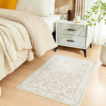 WITSHOCK Washable 2x3 Entryway Area Rug: Soft Non-Slip Backing Washable Rugs Vintage Flower Boho Accent Small Rugs for Bedroom, Kitchen, Bathroom, Nursery Entrance,Camel