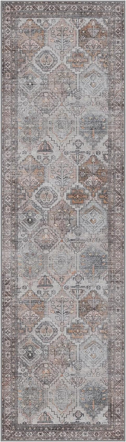 Bavni Kitchen Rug 2x7 Runner Rugs for Hallways Entryway, Washable Vintage Print Carpet, Ultra-Thin Chenille Low Pile Lightweight Rug with Non Slip Backing, Retro Grey