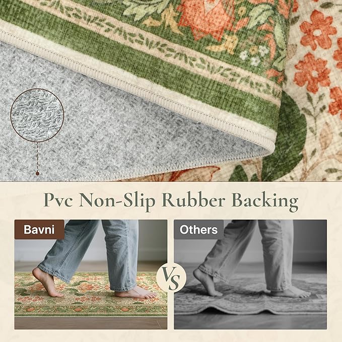 Bavni 2x3 Area Rugs, Floral Machine Washable Rugs for Living Room, Dinning Room, Bedroom, Non Slip Aesthetic Vintage Low Pile Durable Lightweight Farmhouse Rug, Sage Green & Burnt Orange