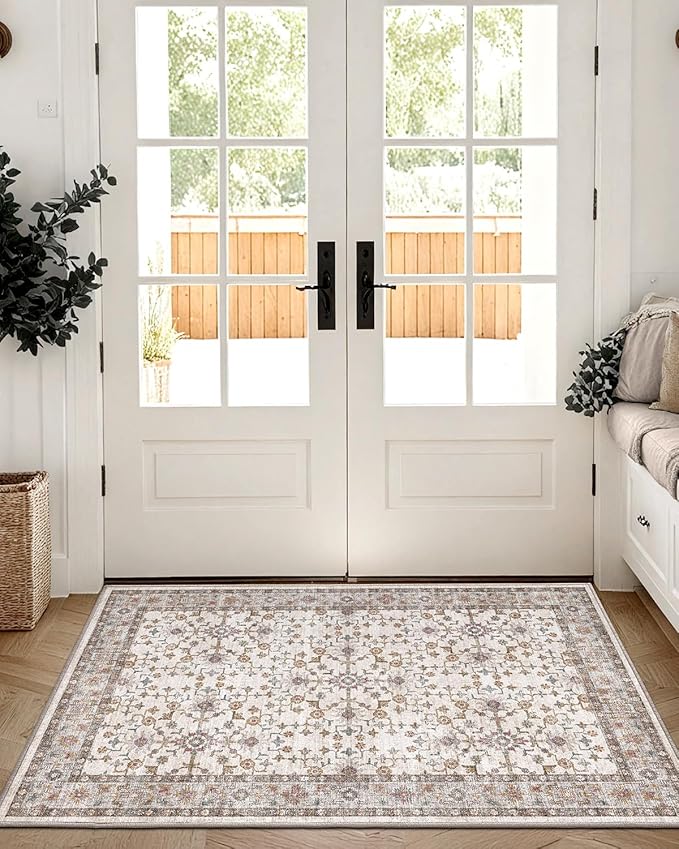 LUMI Indoor Thin Door Mat, 32x47 Washable Small Inside Doormat, Non Slip Low Pile Oriental Floor Carpet, Vintage Distressed Area Rug for Front Door,Entrance,Bedroom, Beige