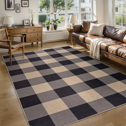 Tangsoo Checkered 4x6 Washable Easy Jute Area Rug for Patio,Non-Slip Black Grey Indoor Outdoor Rug,Modern Throw Mat Ultra Thin Carpet for Front Porch Kitchen Bedroom Foyer