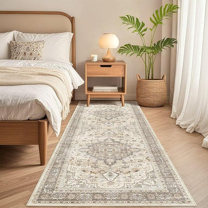 Runner Rug Kitchen Washable Rugs: 3x10 Non-Slip Boho Soft Vintage Stain Resistant Indoor Floor Neutral Farmhouse Throw Carpet for Hallway Bathroom Laundry Room Entryway Bedroom- Brown