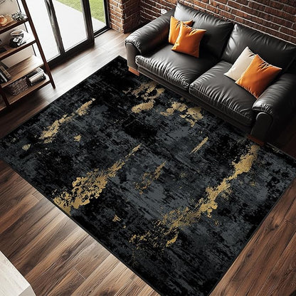 Washable Area Rugs 7'x9' Non-Slip Modern Abstract Soft for Living Room Entryway Bedroom Nursery, Print Pattern, Dark Black Gold