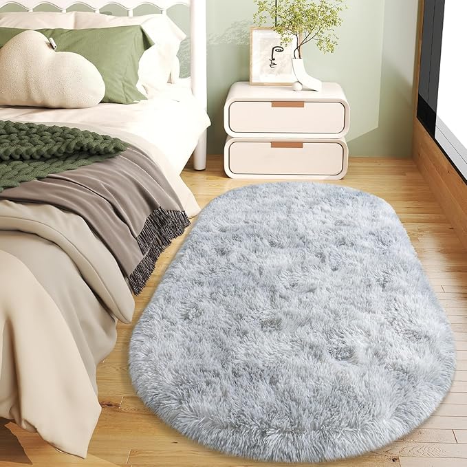 Soft Fluffy Area Rug for Bedroom, Fuzzy Shaggy Oval Throw Rugs for Bedside, Non-Slip Cozy Plush Shag Carpet for Kids Room Nursery Dorm Living Room, Tie-dye Grey, 2.6 x 5.3 Feet, 2 Packs